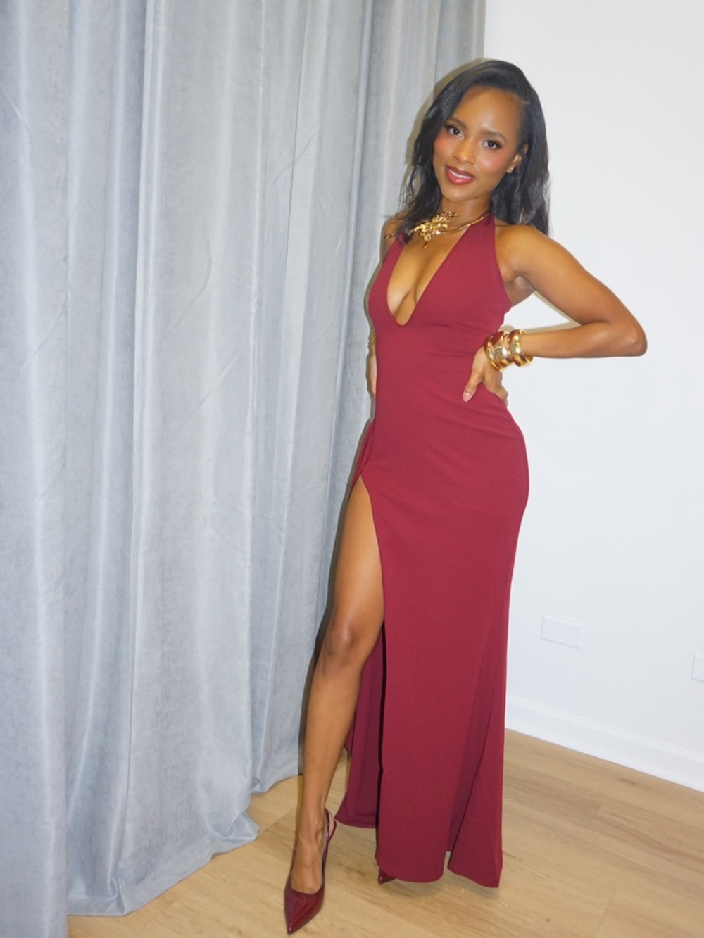 Elegant Burgundy Halter Evening Gown with Thigh Slit | Luella Maxi Dress BabyBoo